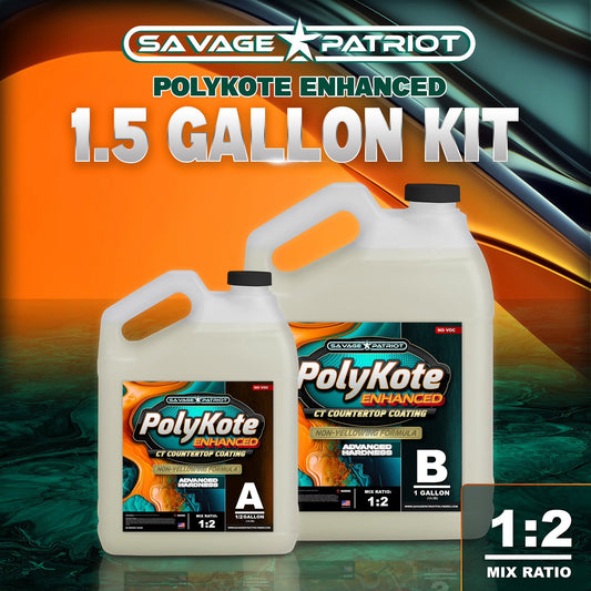 Pre-Order-SHIPPING 9/13/24 Savage Patriot-POLYKOTE Enchanced Hardness- No Odor- UV Countertop Coating (1.5 Gallon Kit) Medium WORKING TIME. Thicker Like epoxy